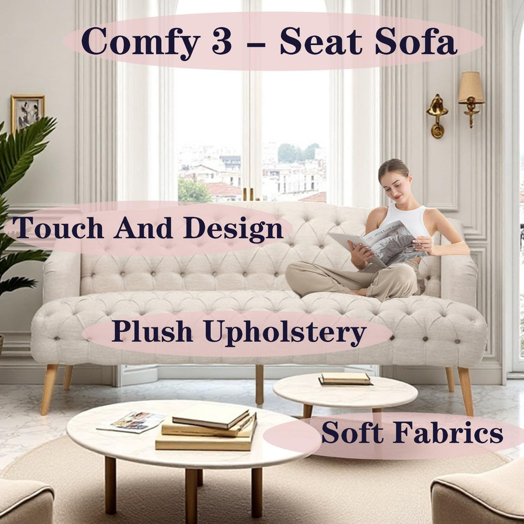 Beige Modern Velvet Loveseat Sofa Couch, 73' Mid - Century Tufted Upholstered Small Love Seat Couch, Curved High Back 3-Seats Couches for Compact Space, Living Room, Apartment (Beige)