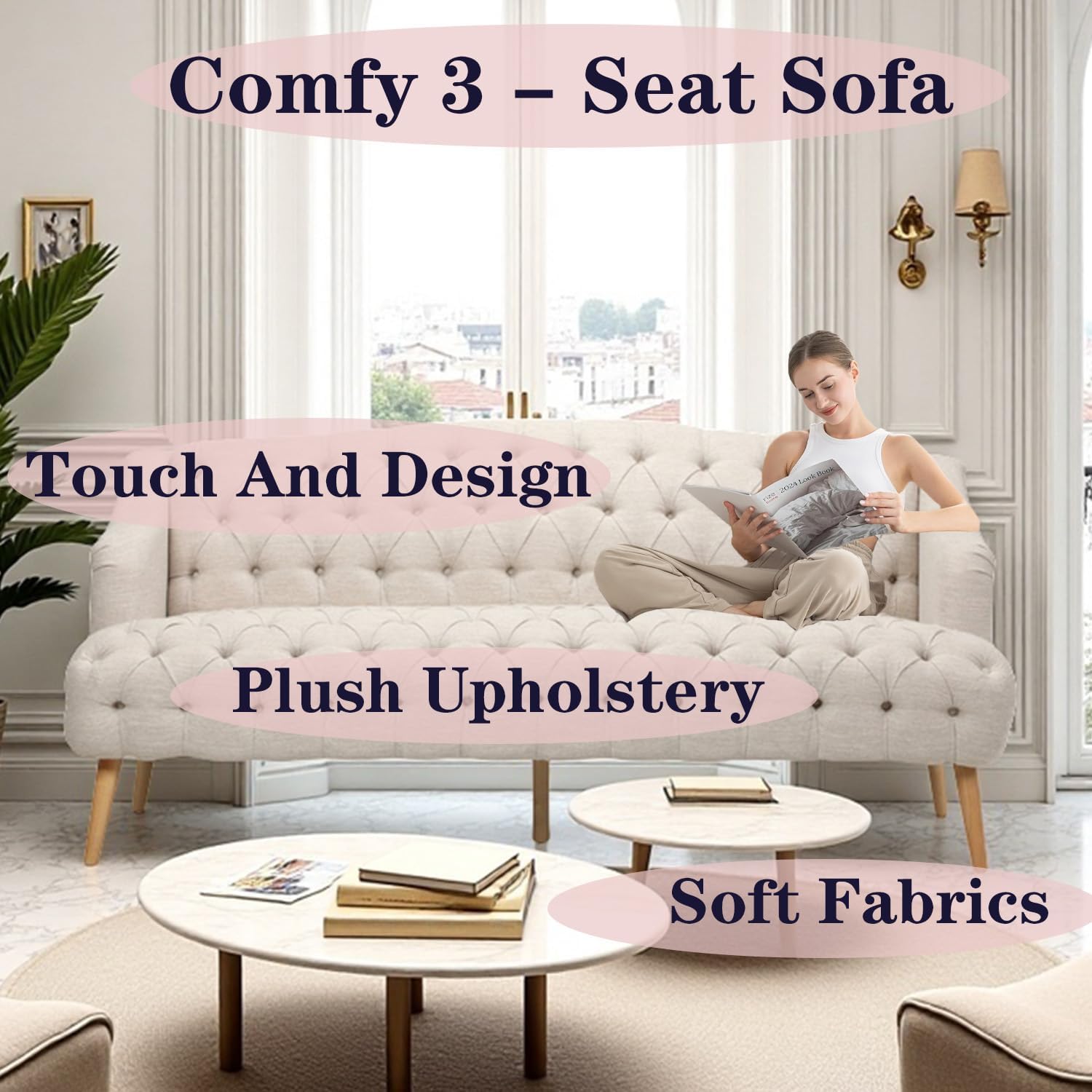 Beige Modern Velvet Loveseat Sofa Couch, 73' Mid - Century Tufted Upholstered Small Love Seat Couch, Curved High Back 3-Seats Couches for Compact Space, Living Room, Apartment (Beige)