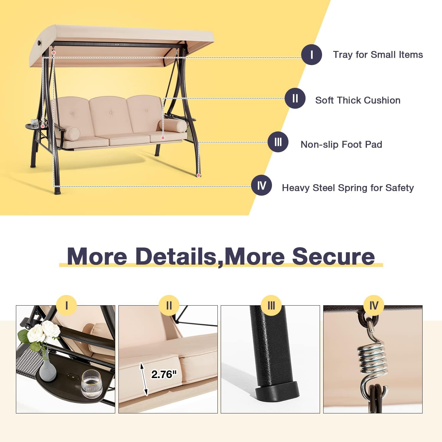 HOMREST 3 Person Outdoor Porch Swing with 1.5' Upgraded Cup Holder, Adjustable Canopy, Backrest, Patio Swing Bed with Weather Resistant Steel Frame, Cushions for Garden,Deck and Poolside(Khaki)