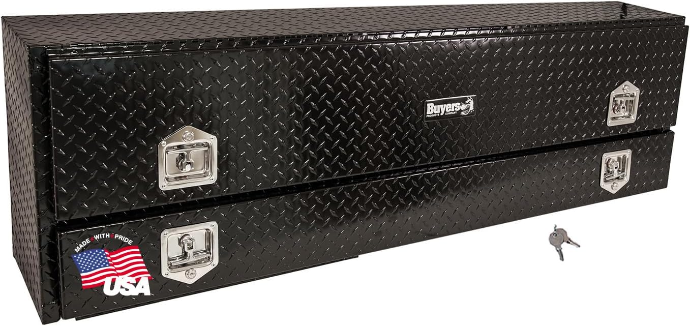 Buyers Products 1725650 Black Aluminum Diamond Tread Contractor Truck Box With Lockable T-Handle Latch And One Lower Compartment, 88 x 21 x 13.5 Inch, Truck Tool Box For Storage And Organization