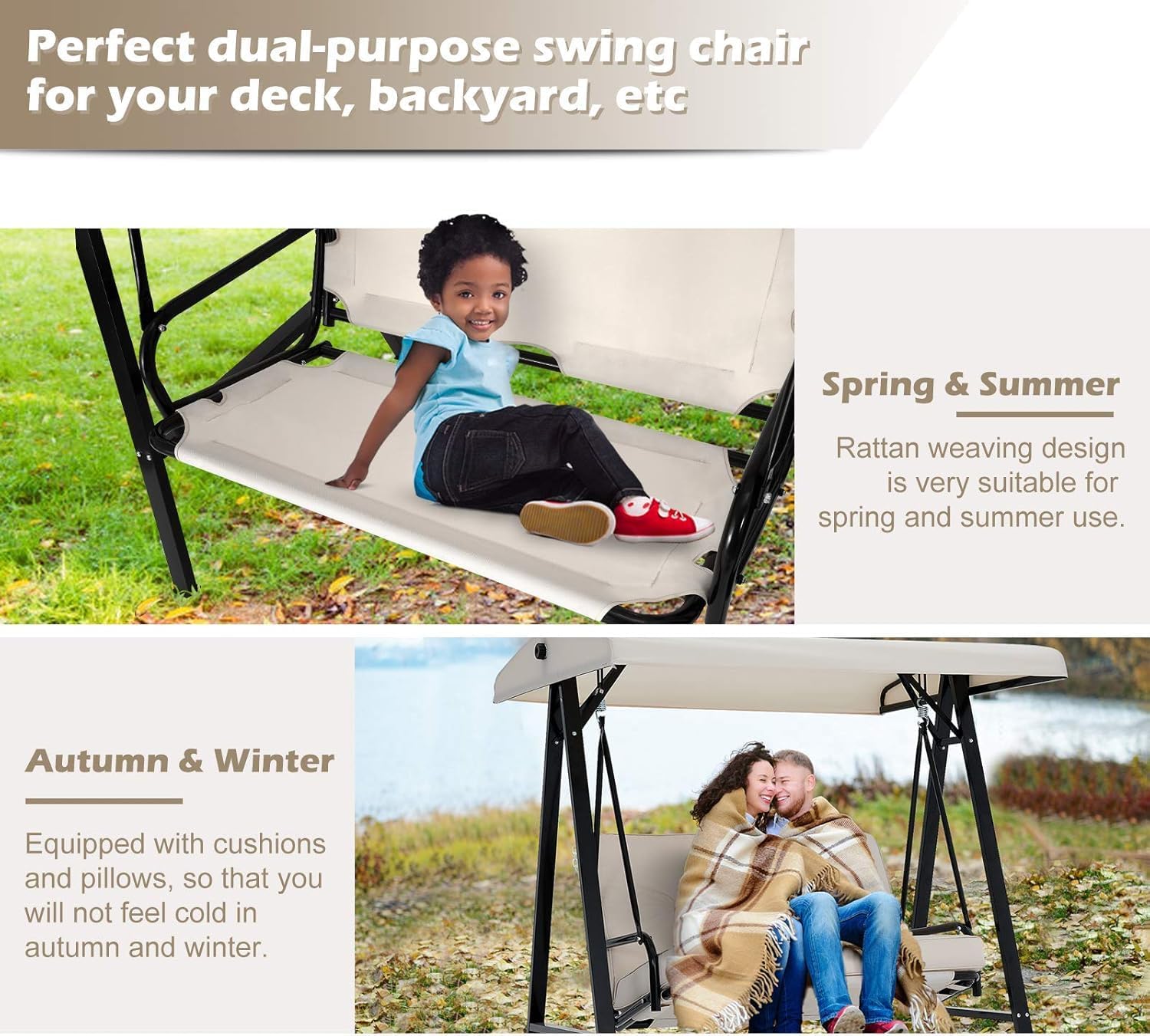 AECOJOY 2-Seat Outdoor Patio Swing Chair with Adjustable Canopy, Porch Swings Chairs for Adult, Outside Swing Bench with Removable Cushion, Suitable for Backyard, Garden, Yard, Poolside, Balcon,Beige
