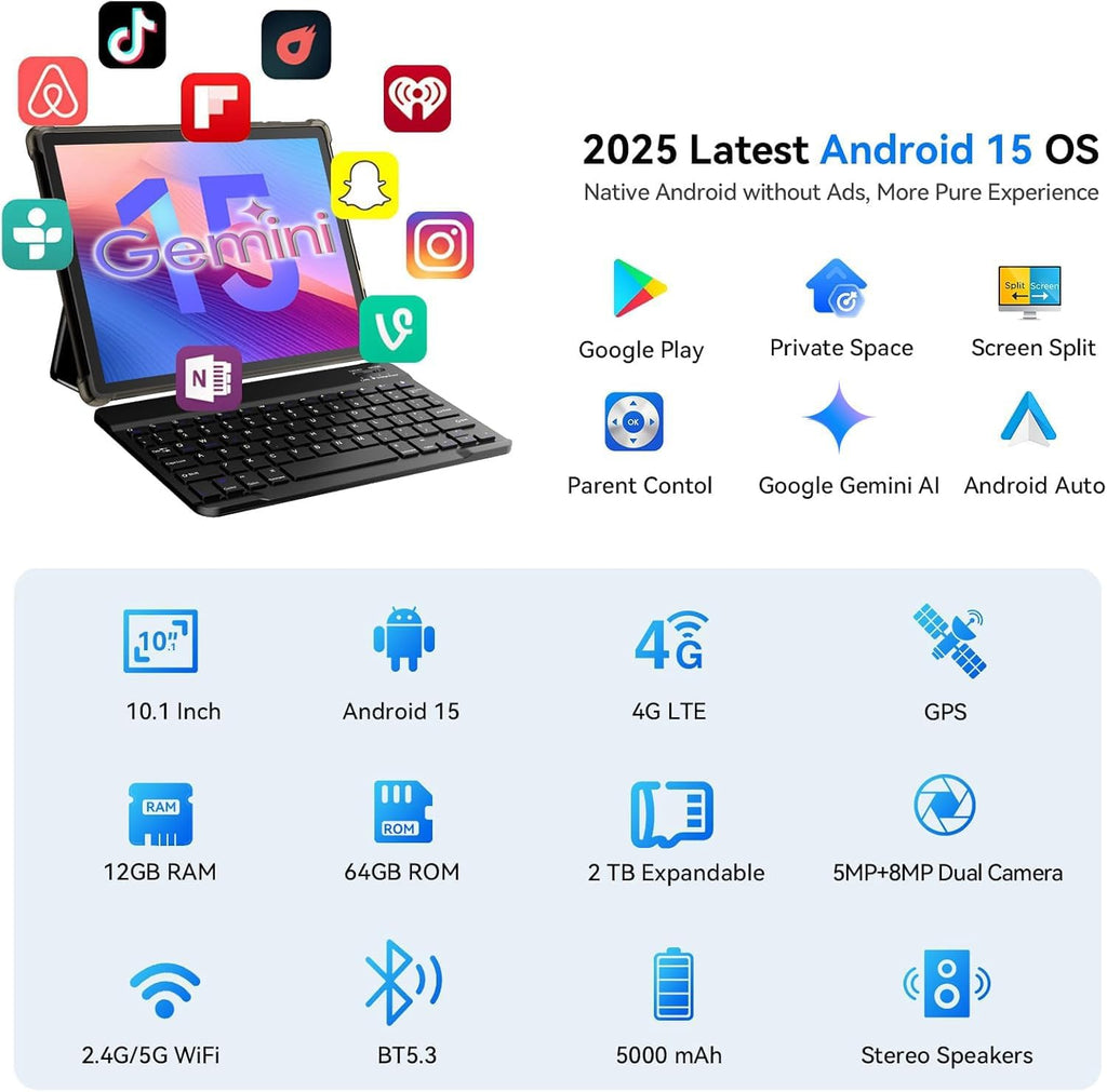 10 inch 2-in-1 Android 15 Tablet with Keyboard, Mouse, and Case, 4G LTE Cellular, 12GB RAM + 64GB ROM (2TB Expandable), MediaTek Octa-Core 2.0GHz, Gemini AI, IPS Display, 5G Wi-Fi, GPS, Bluetooth