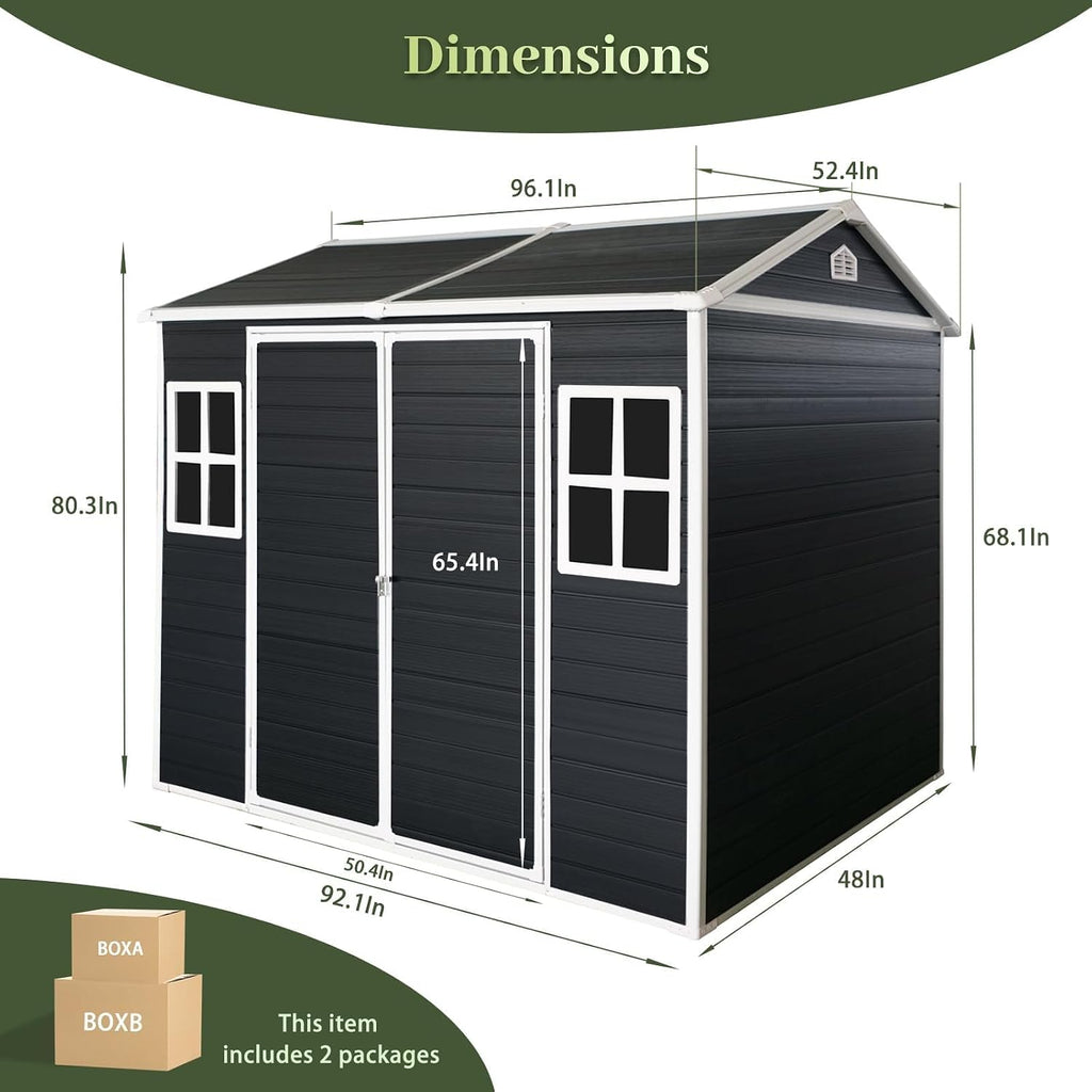 8x4 FT Resin Storage Sheds Outdoor with Floor Included, Plastic Sheds & Outdoor Storage Clearance with 2 Windows and Lockable Door, Backyard Storage Sheds for Bike, Garden Tools