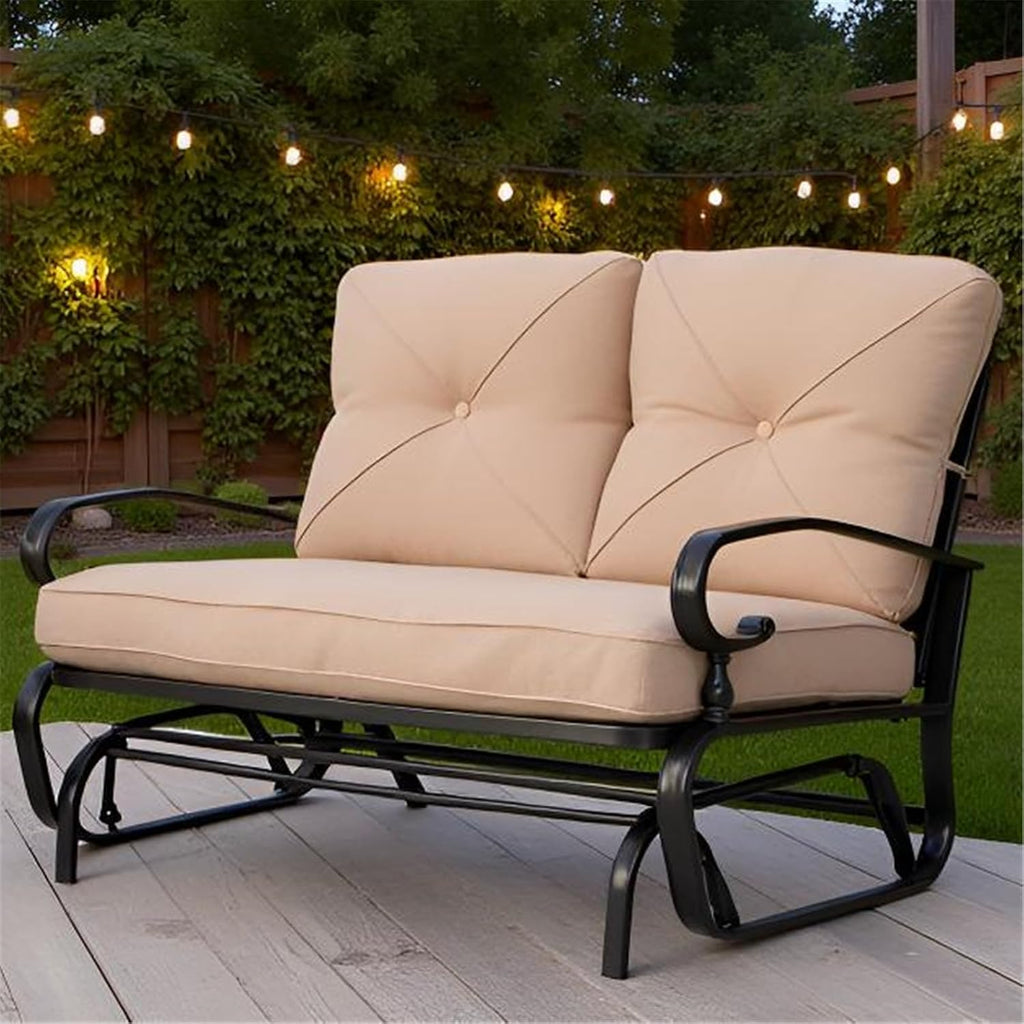 SUNCROWN Outdoor Swing Glider Chair, Patio 2 Seats Loveseat Rocking Chair with Cushions, Steel Frame Furniture - Brown
