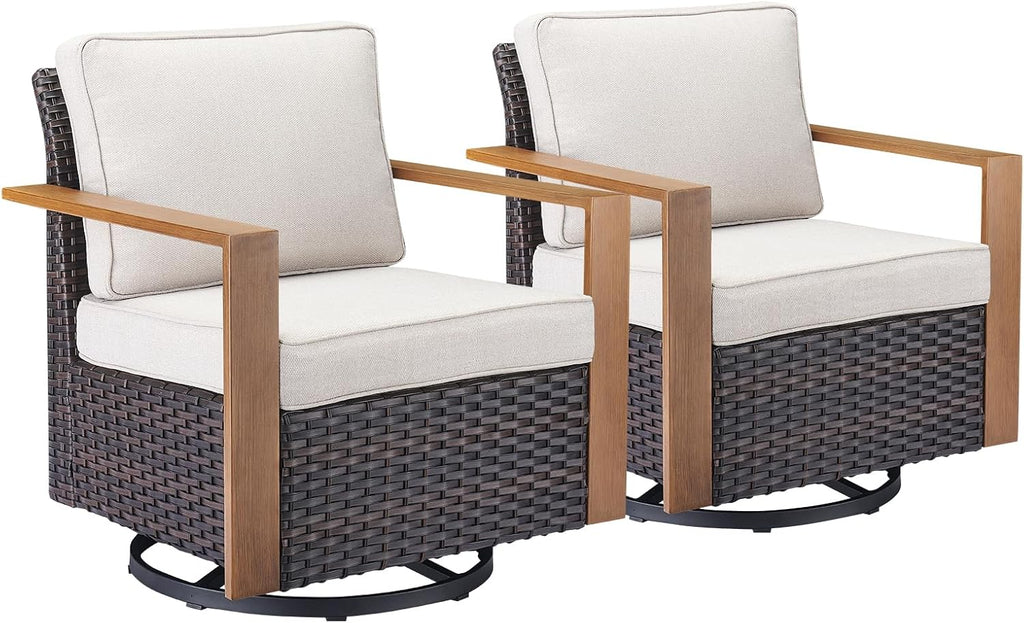 Rilyson Outdoor Patio Swivel Rocker Chairs - Wicker Rattan Patio Swivel Rocking Chairs Set of 2 with Metal Wide Armrest, Thick Cushions and Deep Seating for Deck Porch Sunroom Garden(Brown/Beige)