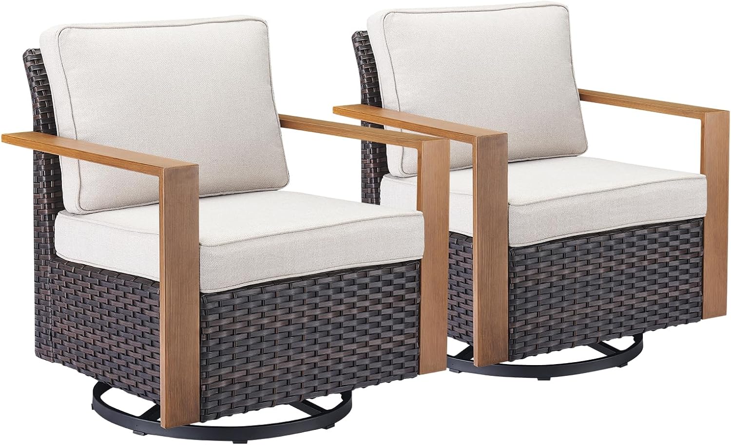 Rilyson Outdoor Patio Swivel Rocker Chairs - Wicker Rattan Patio Swivel Rocking Chairs Set of 2 with Metal Wide Armrest, Thick Cushions and Deep Seating for Deck Porch Sunroom Garden(Brown/Beige)