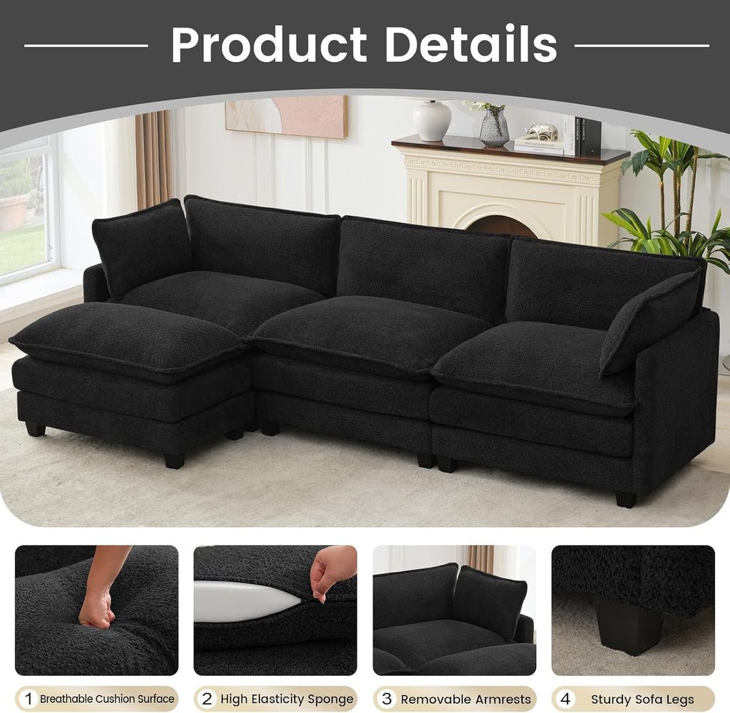 ROWHY Oversized Modular Sectional Couch with Movable Ottoman, 112' Modern Convertible L Shaped Sofa Set, 4 Seat Comfy Cloud Couch with 2 Throw Pillows, for Living Room and Office, Chenille, Black