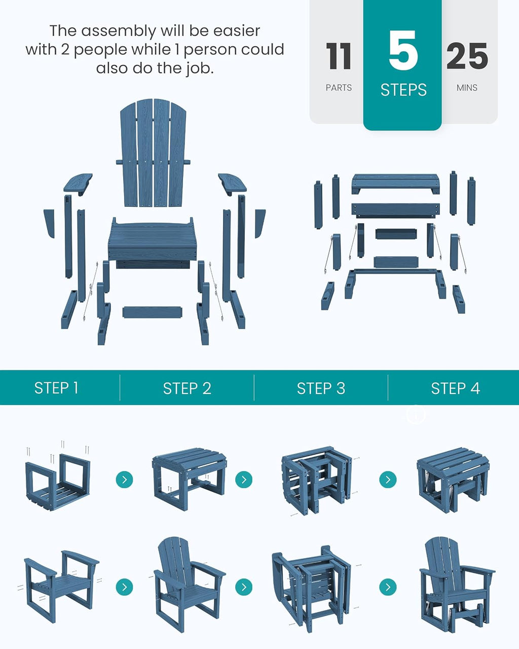SERWALL Outdoor Glider Chair with Ottoman, HDPE Wood-Like Patio Glider Set All-Weather Porch Glider for Outside, Blue