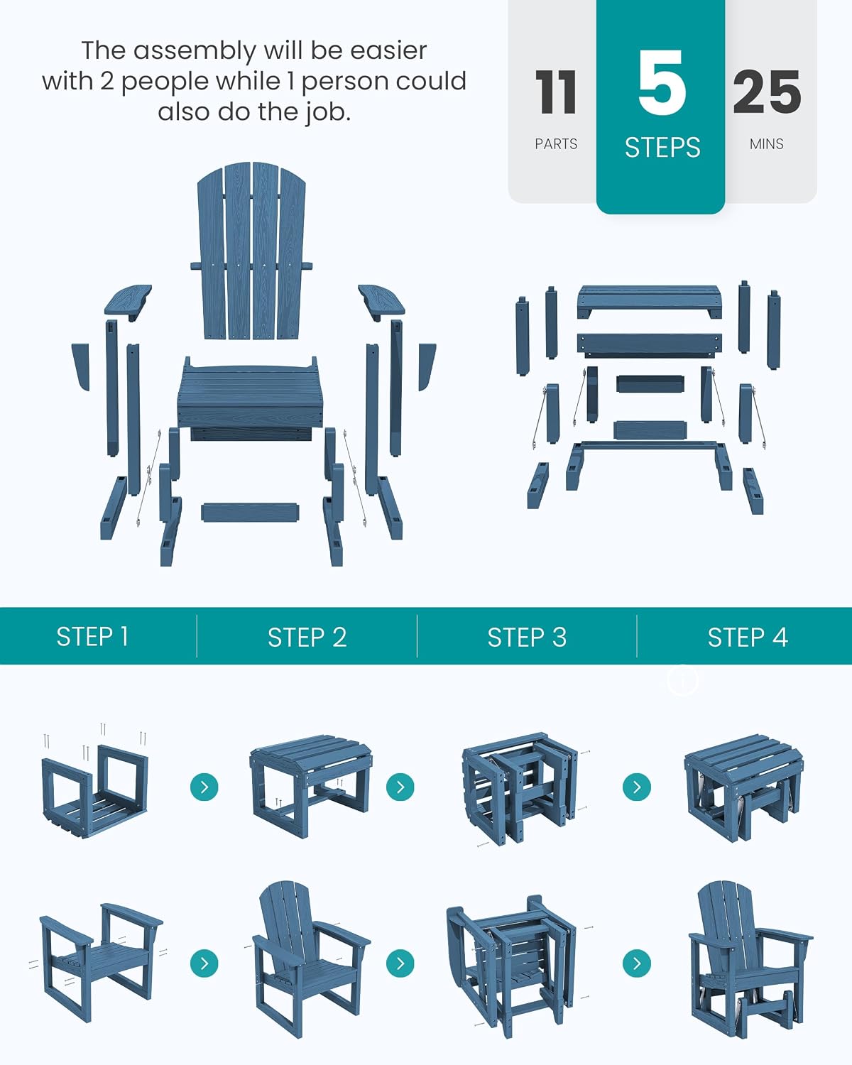 SERWALL Outdoor Glider Chair with Ottoman, HDPE Wood-Like Patio Glider Set All-Weather Porch Glider for Outside, Blue