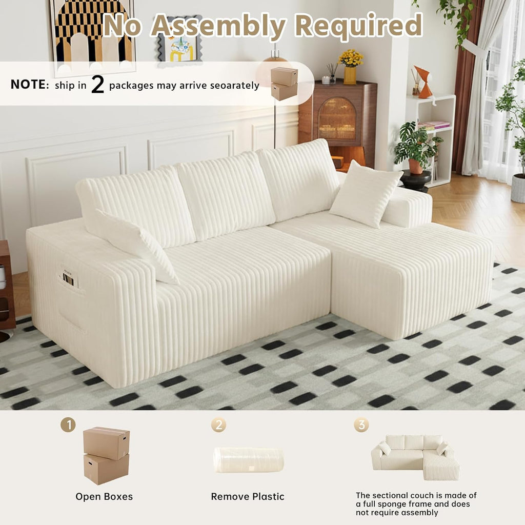 96' Modular Sectional Cloud Couch for Living Room Deep Seat L Shapes Boneless Couch with Oversized Chaise Lounge, Comfy Memory Foam Flannel Fabric Sofa for Bedroom Apartment, No Assembly Required