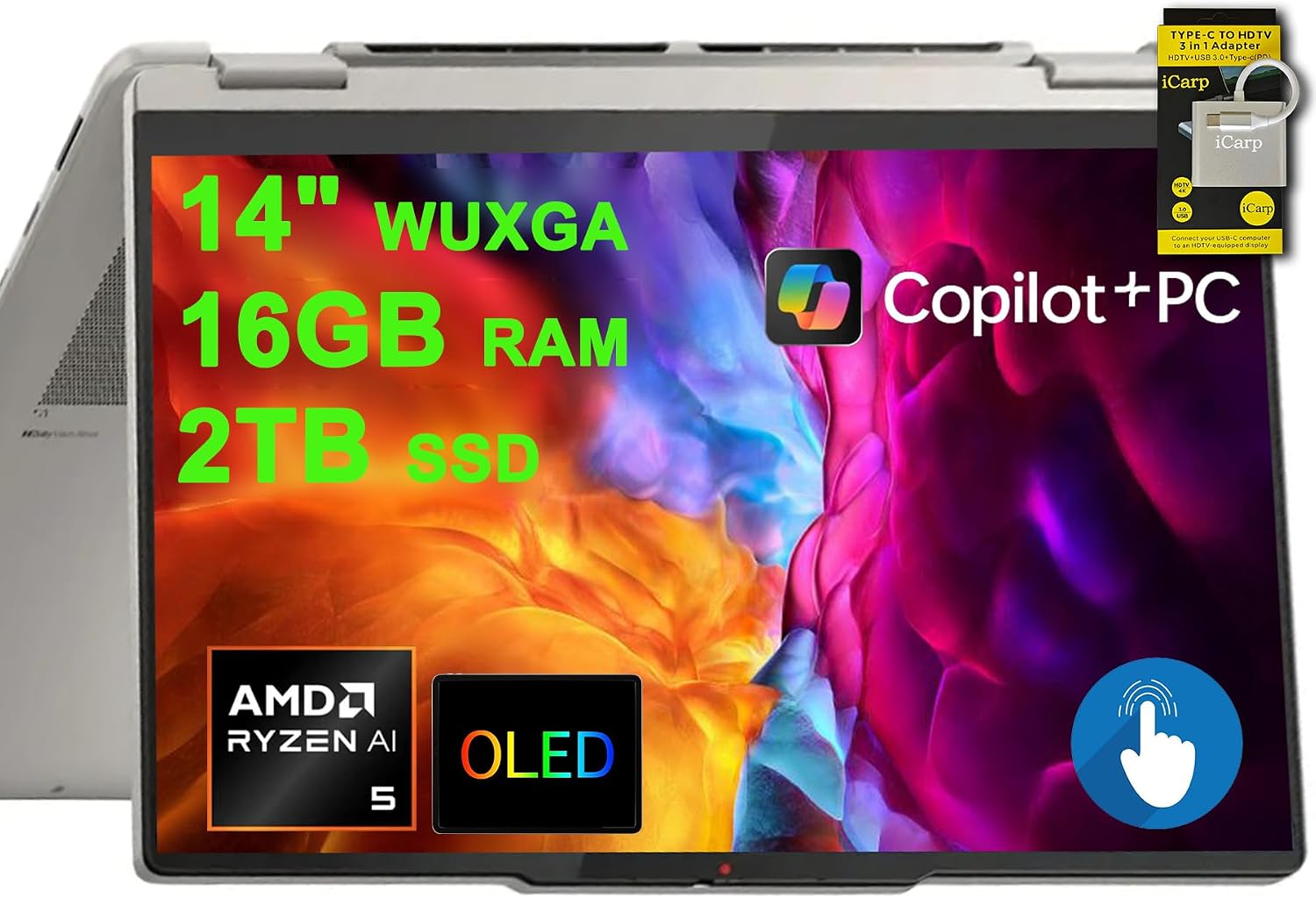 Lenovo Yoga 7 2-in-1 Laptop 14' WUXGA OLED Touch (100% DCI-P3, 600nits HDR) AMD 6-core Ryzen AI 5 340 (Up to 50 Tops) 16GB RAM 2TB SSD for Creator Business Professional Win11 ICP Hub w/Copilot AI