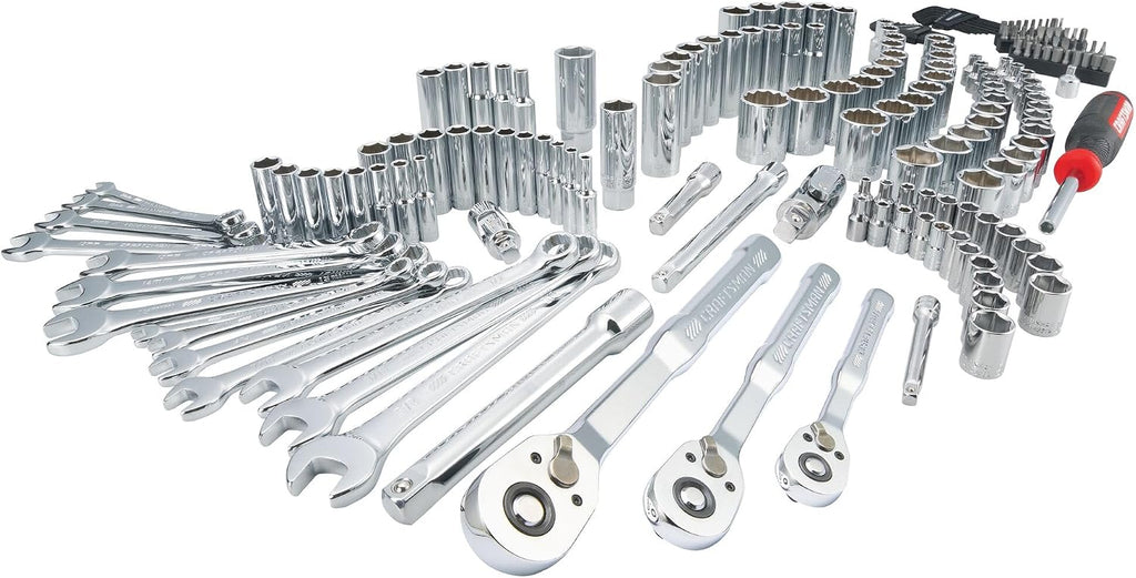 CRAFTSMAN Mechanic Tool Set 189 Pcs, 1/4, 3/8, 1/2 Socket Set with 72 Tooth Low Profile Ratchet, Steel 6 and 12 point Sockets, Wrenches, Hex Keys, Deep Sockets, Bits, Metric and SAE (CMMT12134)