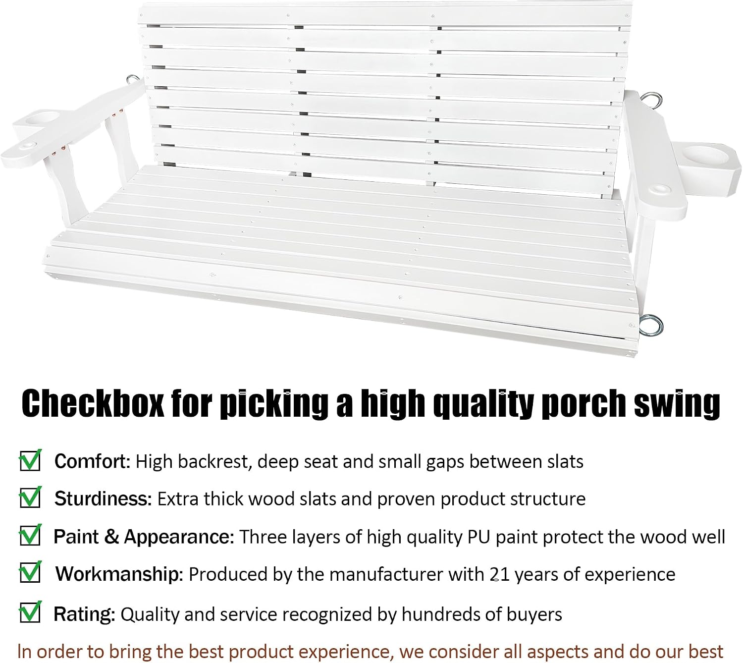 Wooden Porch Swing 3-Seater, High Backrest and Deep Seat, Bench Swing with Cupholders, Hanging Chains and 7mm Springs, Heavy Duty 880 LBS, for Outdoor Patio Garden (Pure White, 5 FT Extra Large)