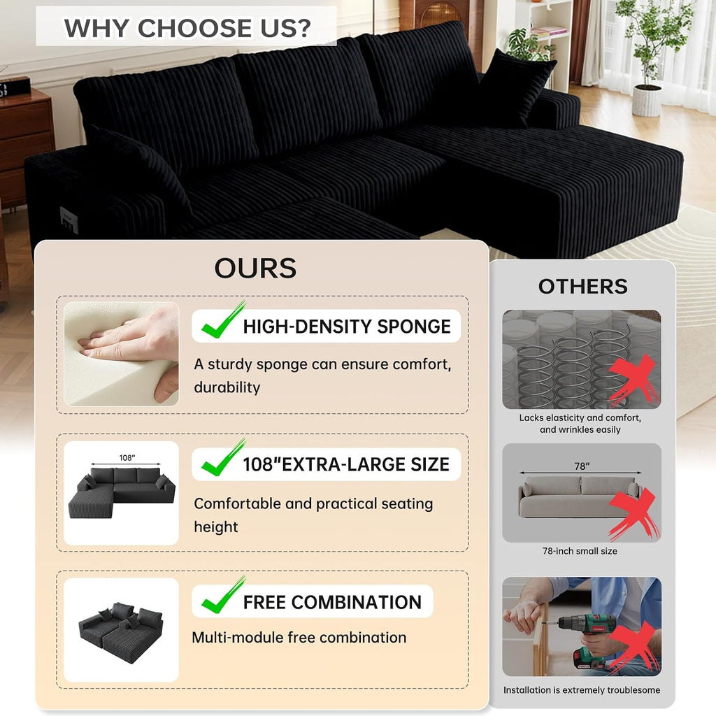 108' U-Shape Modular Sectional Cloud Couch with Ottoman, Deep Seat Boneless Couch with Oversized Chaise Lounge, Comfy Flannel Fabric Sofa for for Living Room Bedroom Apartment Game Room Basement