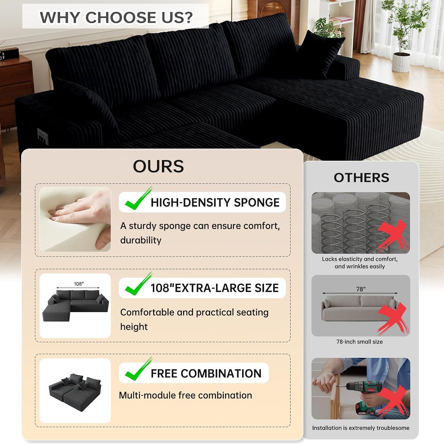 108' U-Shape Modular Sectional Cloud Couch with Ottoman, Deep Seat Boneless Couch with Oversized Chaise Lounge, Comfy Flannel Fabric Sofa for for Living Room Bedroom Apartment Game Room Basement