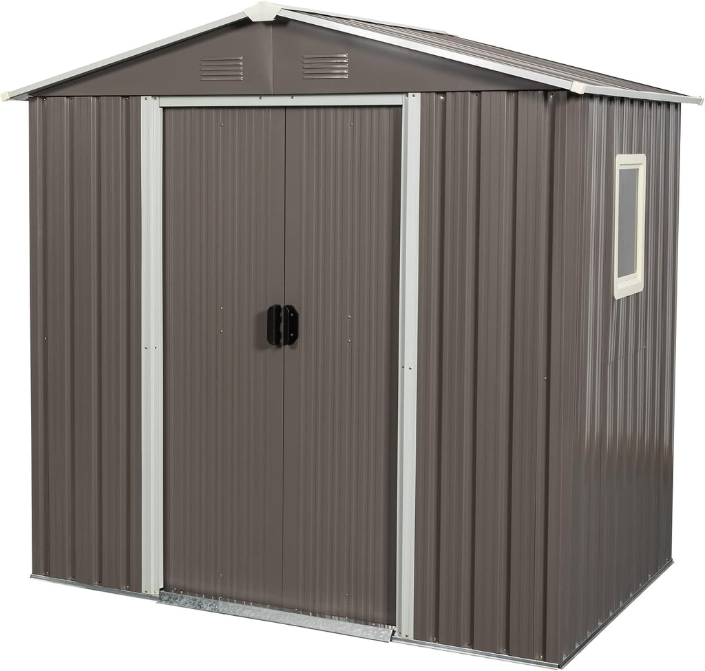 6x5 ft Outdoor Metal Storage Shed with Floor Foundation and Window, Lockable Galvanized Steel Tool Shed with Sliding Door and Air Vent, Waterproof Garden Storage House for Backyard, Patio