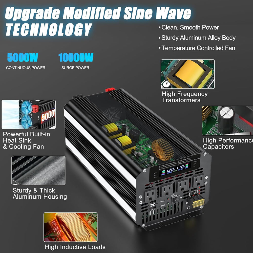 LVYUAN 5000 Watt Power Inverter 12V to 110V 120V for Vehicle, Solar Inverter System, Heavy Duty, RV, Truck, Off Grid,Camping with 4 AC Outlets, LCD Display, Wireless Remote Control, Car Power Inverter