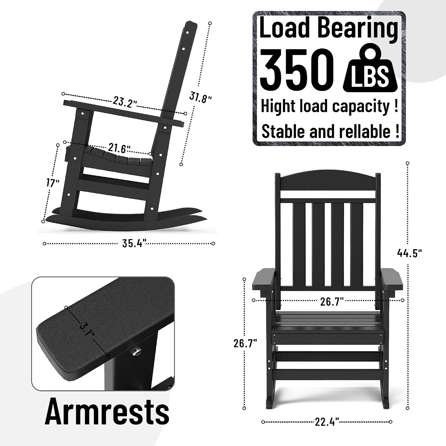 NAVINE Outdoor Rocking Chairs Set of 8, Oversized High Back Patio Rocking Chairs, All Weather Porch Rocking Chairs for Outside. Black
