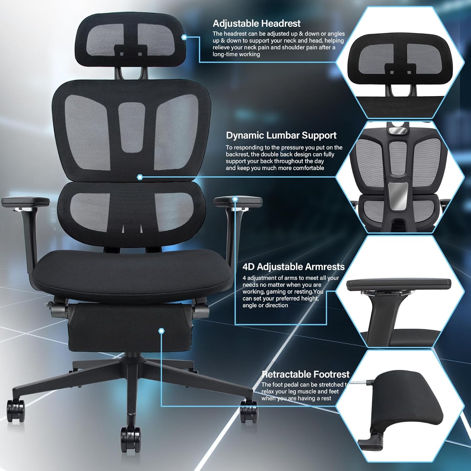 Ergonomic Mesh Office Chair with Retractable Footrest - High Back Computer Chair with Lumbar Support, Adjustable Armrests and Headrest - Adult Multifunctional Home Office Chair, Black