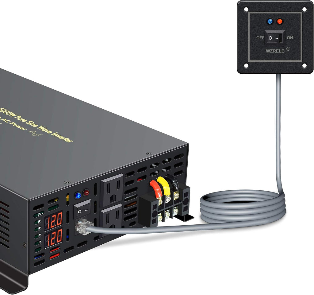 WZRELB 5000W 12VDC 120VAC Pure Sine Wave Power Inverter, 2 AC Outlets, Wired Remote Control, RV (RBP-500012WR)