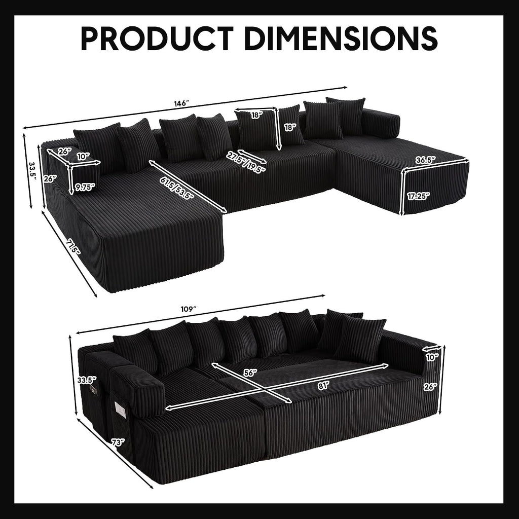 Oversized Cloud Boneless Couch with Chaise, 146' Modern U Shape Modular Deep Seat Sectional Sofa, Comfy Corduroy Upholstered Couches for Living Room, No Assembly Required-Black