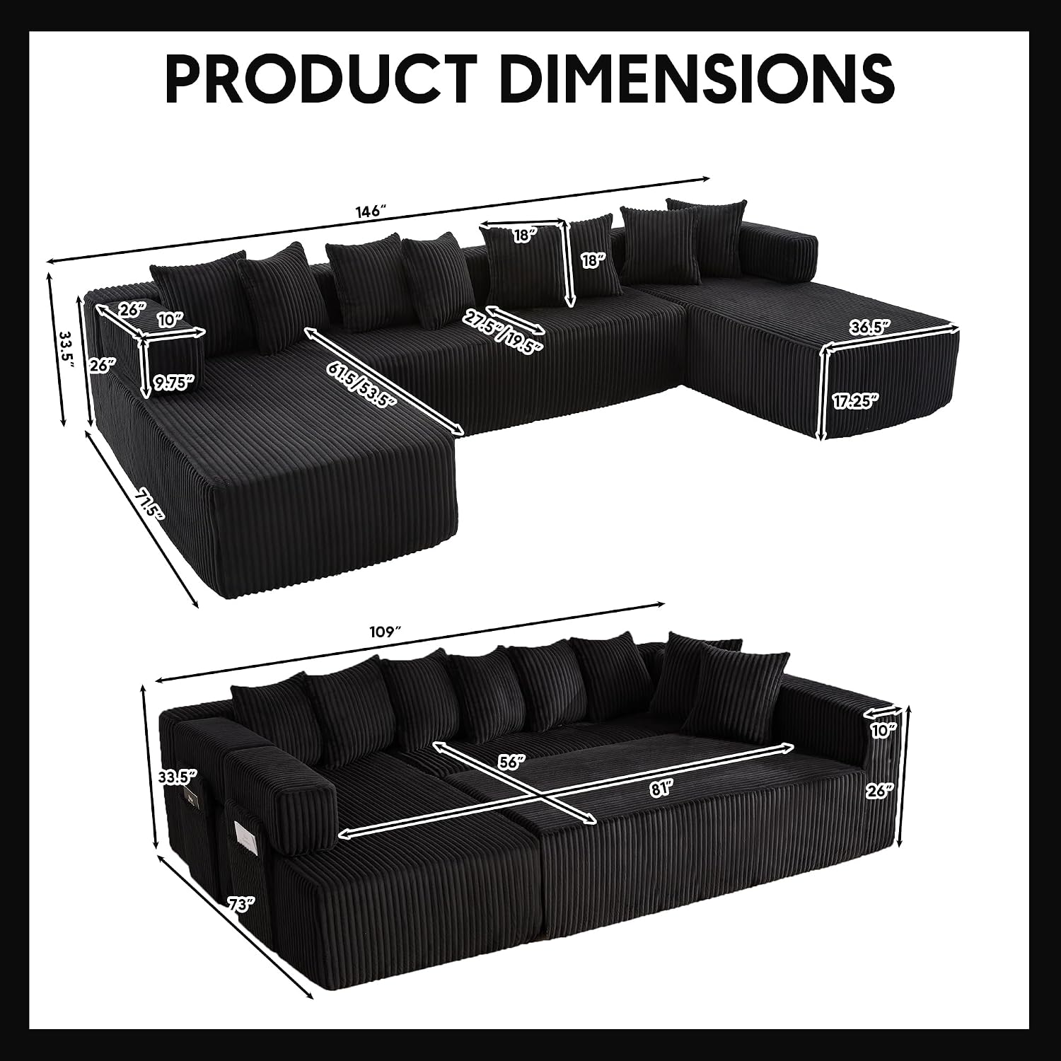 Oversized Cloud Boneless Couch with Chaise, 146' Modern U Shape Modular Deep Seat Sectional Sofa, Comfy Corduroy Upholstered Couches for Living Room, No Assembly Required-Black