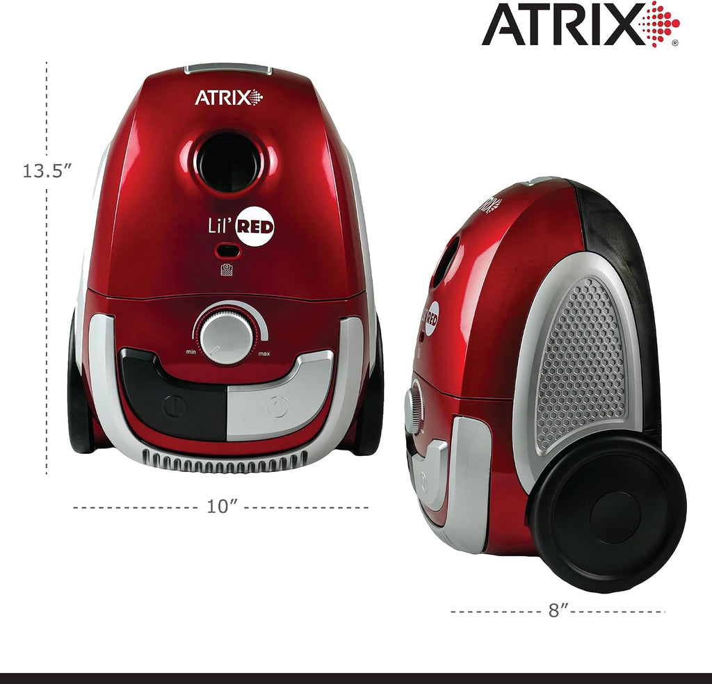 Atrix Red Lil Portable Canister Vacuum Cleaner – Premium Bundle with Extra Filters, Lightweight, 3-Stage HEPA Filtration, 2-Quart Bag, Variable Speed 1200W Motor, 16.5′ Auto-Retract Cord & Tools