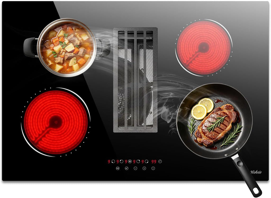 Hobsir Electric Cooktop 30 Inch with Downdraft, 4 Burner Radiant Cook top 6000W, Ductless Downdraft Electric Cooktop 496m³/h, 30' Stove Top with 9 Power Level, Timer, Safety Lock, 220V