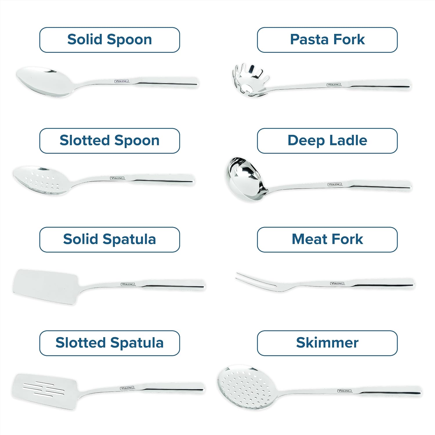 Viking Kitchen Utensils Set, 8 Piece Stainless Steel Cooking Utensil Set, Includes Spatulas, Spoons, Pasta Fork, Deep Ladle, Meat Fork, and Skimmer, Silver