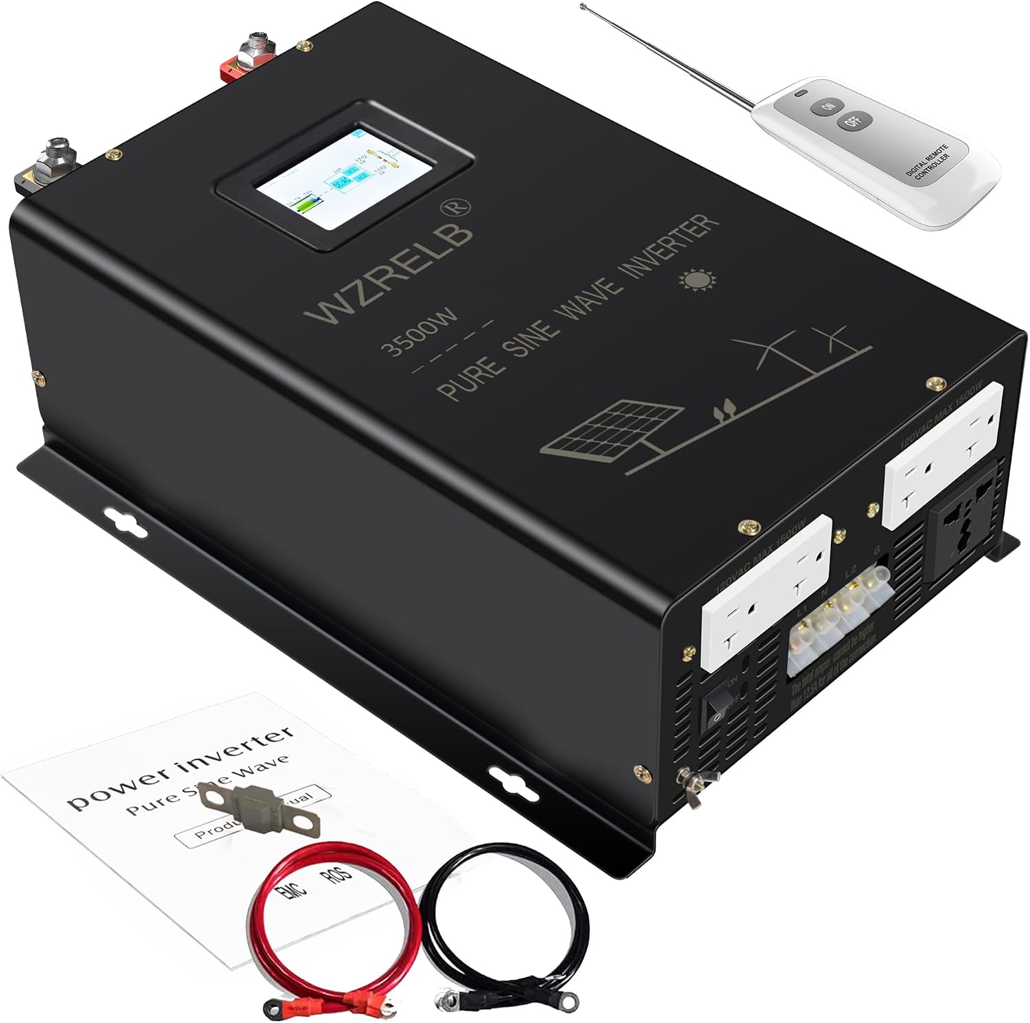 WZRELB 2500W 48V Pure Sine Wave Inverter,48 Volt DC to AC 120V 240V Split Phase Power Inverter,5KW Surge,5 AC Outlets,AC Hardwire Terminal,15ft LCD Remote Panel
