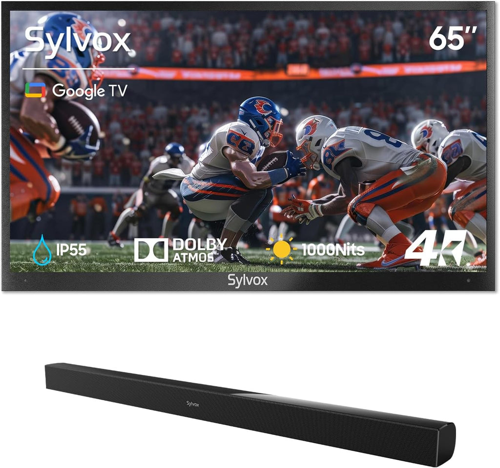 SYLVOX 65' Outdoor TV + S2 Soundbar Bundle, 4K HDR Waterproof Smart TV (Deck Pro 3.0) with 60W Outdoor Soundbar, Bluetooth, 1000 Nits, Voice Remote, for Patio & Backyard