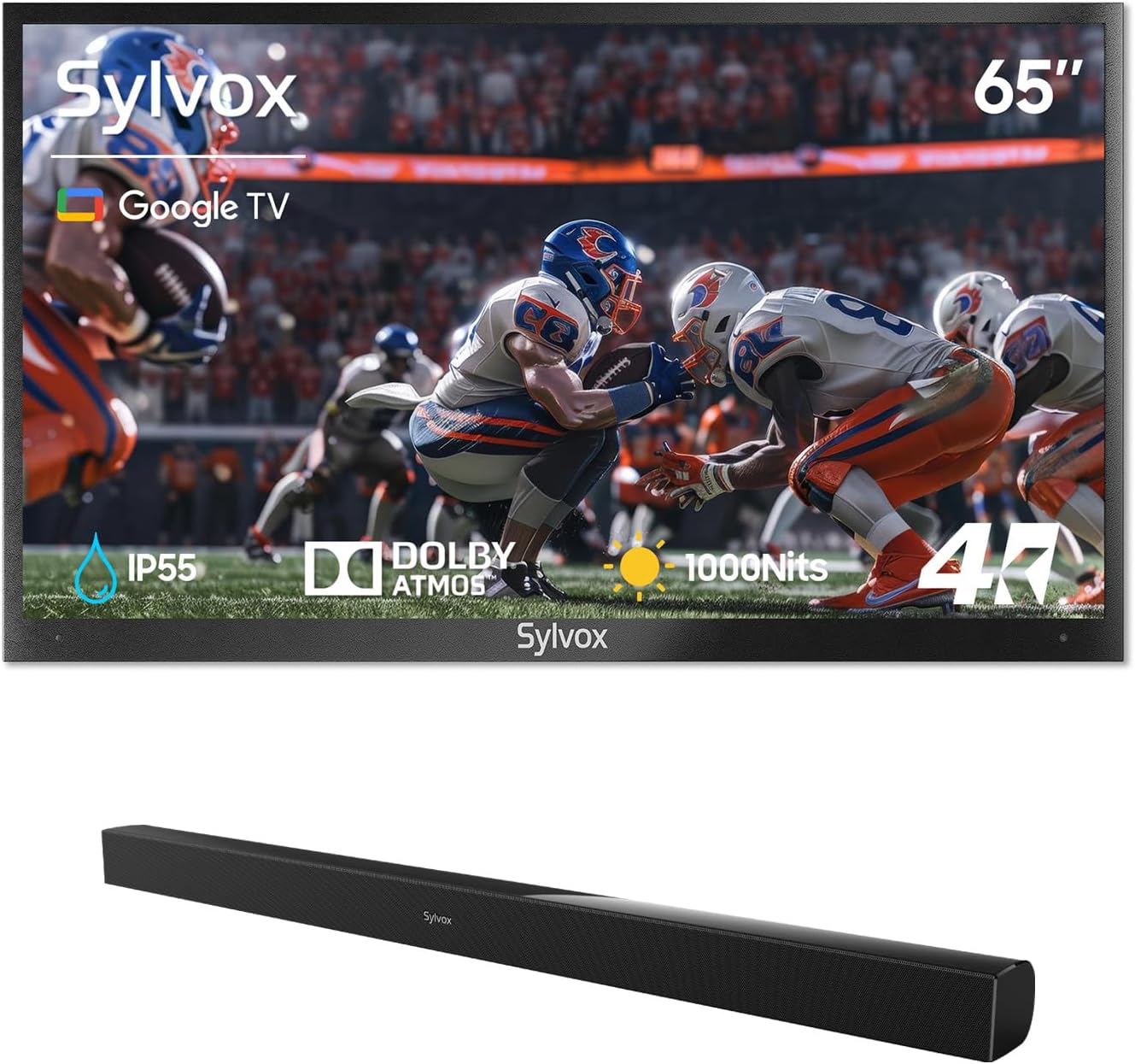 SYLVOX 65' Outdoor TV + S2 Soundbar Bundle, 4K HDR Waterproof Smart TV (Deck Pro 3.0) with 60W Outdoor Soundbar, Bluetooth, 1000 Nits, Voice Remote, for Patio & Backyard