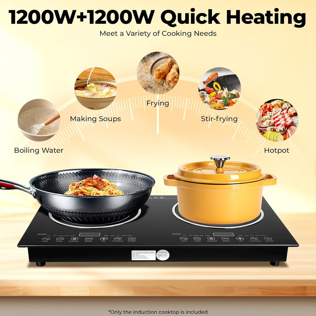Built in Electric Stove Top,Induction Cooktop,Portable 1200W Induction Cooker 2 Burner Independent Touch Control,Ceramic Electric Stove with 8 Temperature,Power Level (2 Burners,1200W)