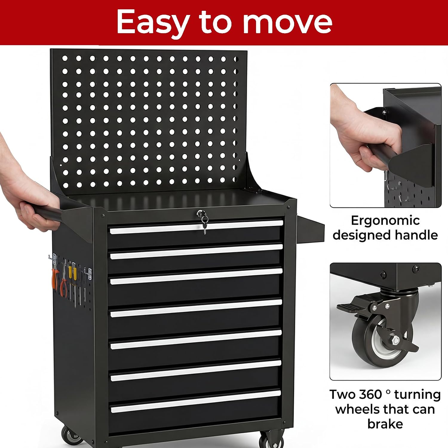 7-Drawer Tool Chest on Wheels, Rolling Metal Toolbox with Wheels & Drawers, Tool Cart Cabinet, Suitable for Garage, Moving/Gift/Daily Use