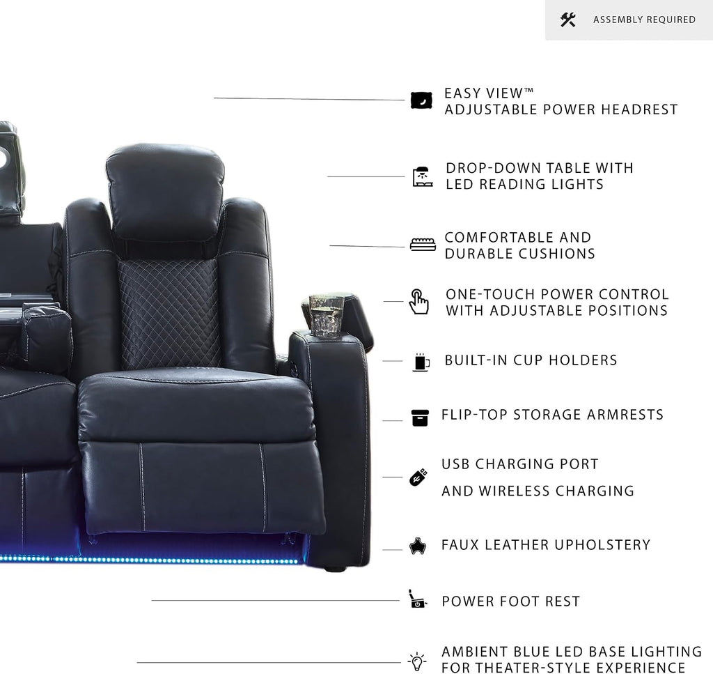 Signature Design by Ashley Fyne-Dyme Power Reclining Sofa with USB Ports and Adjustable Headrest, Drop Down Table, Faux Leather, 21' Seat Height, Blue