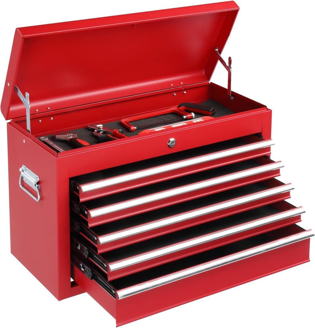 Winado 24' Metal Tool Box, Portable 5 Drawers Toolbox with Top Storage Tray, Carry Handle, Ball Bearing Runners, Lockable Tool Chest Cabinet for Garage, Warehouse, Repair Shop & Home, Red