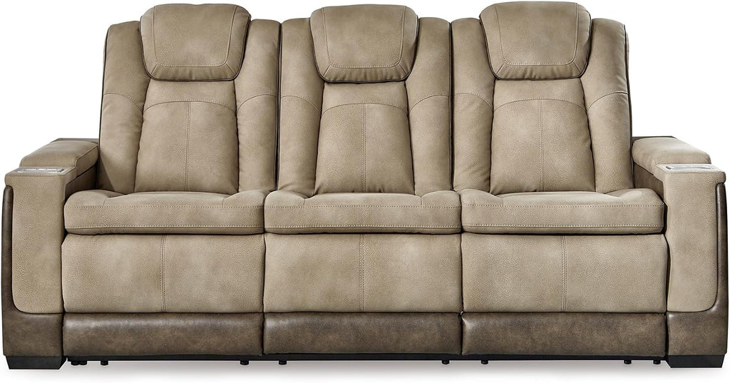 Signature Design by Ashley Next-Gen DuraPella Power Reclining Sofa – Wireless & USB Charging, Zero-Gravity, Adjustable Headrest, Water-Repellent Faux Leather, Drop-Down Table, Beige/Brown, 86'