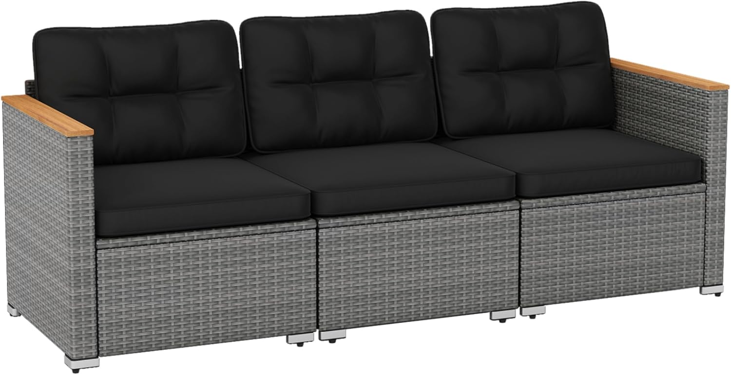 Tangkula 3-Seat Patio Wicker Couch Sofa, Outdoor 3 Seater Rattan Furniture Set with Acacia Wood Armrests & Thick Cushion, Outside Sectional Sofa Couch for Porch, Deck, Garden and Backyard, Black