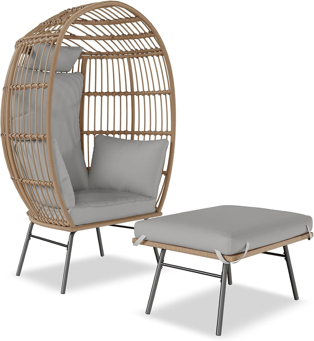 GarveeLife Oversize Wicker Egg Chair with Ottoman, Egg Shaped Lounge Chair with Thick Cushion, Comfy Egg Rattan Seat for Indoor Outdoor Patio Porch Backyard, Grey