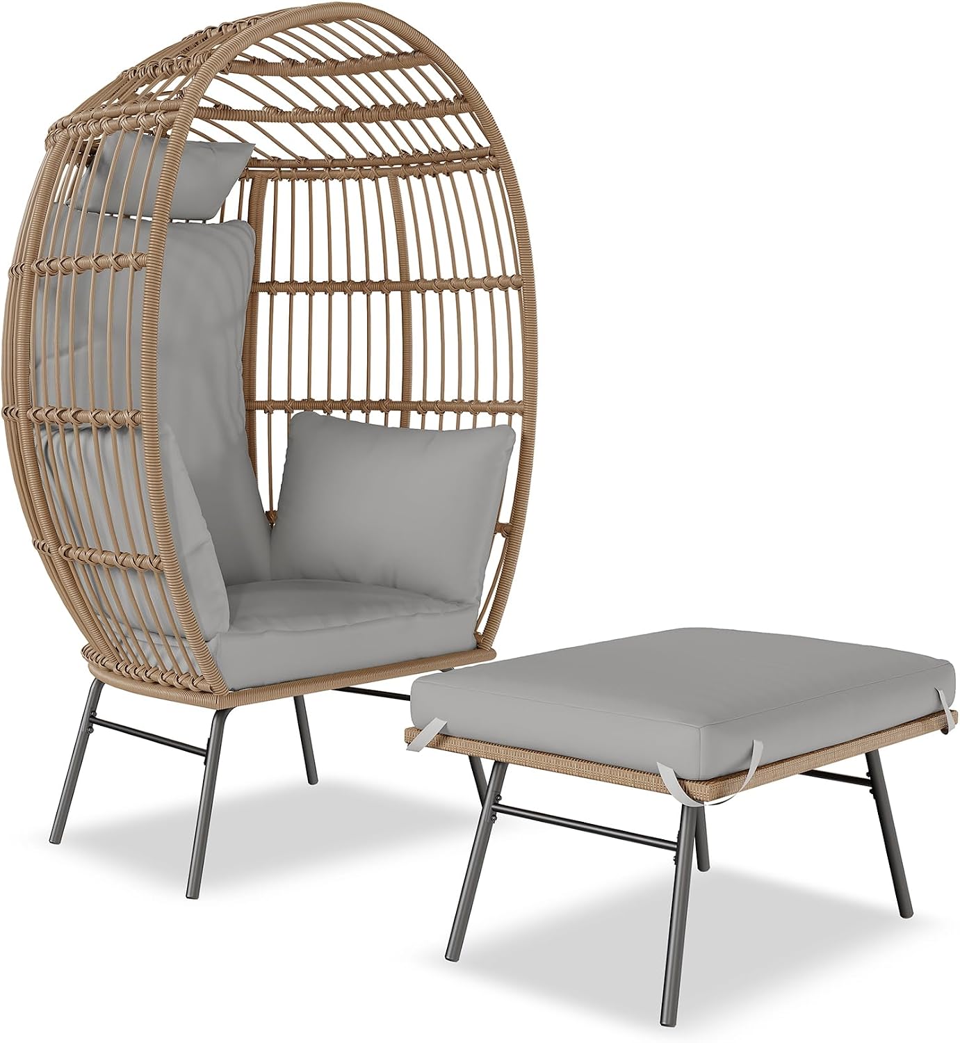 GarveeLife Oversize Wicker Egg Chair with Ottoman, Egg Shaped Lounge Chair with Thick Cushion, Comfy Egg Rattan Seat for Indoor Outdoor Patio Porch Backyard, Grey