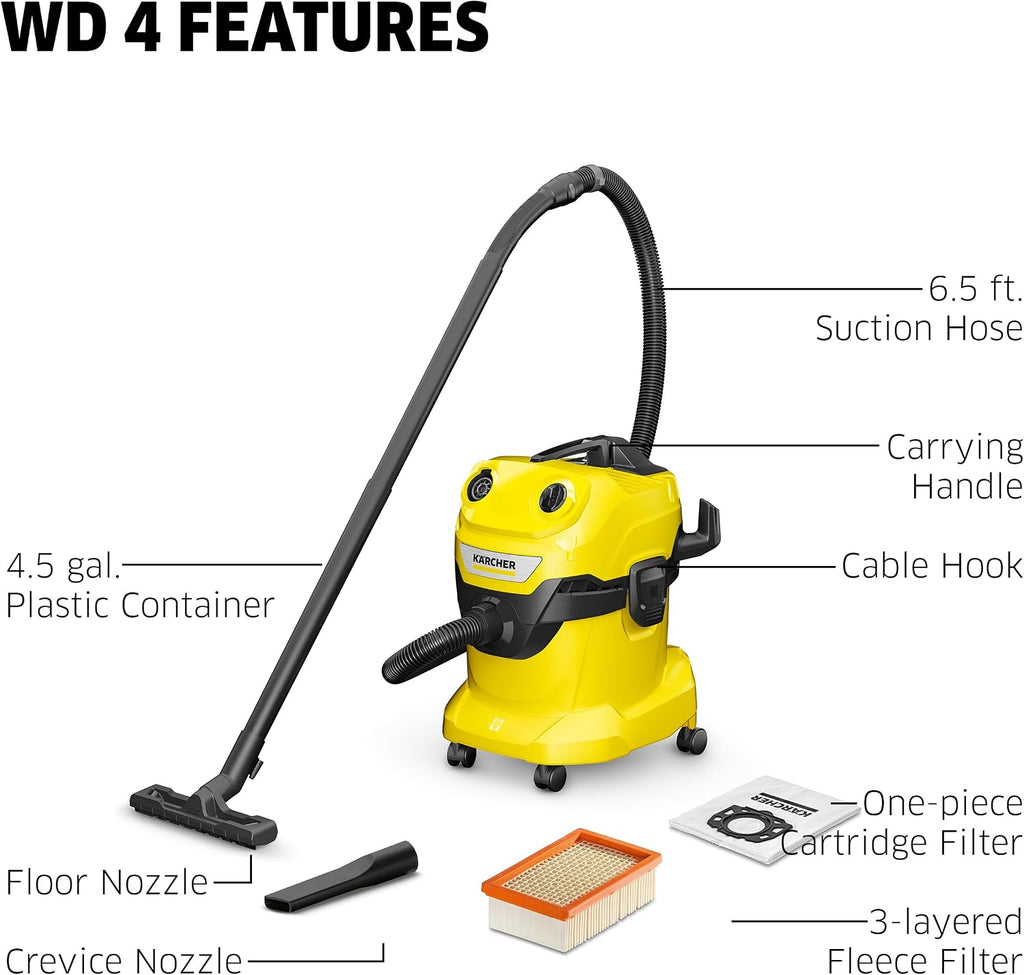 Kärcher Shop Vacuum WD 4, 5.3 Gal, 3.8 Peak HP, 33 ft Reach, Wet Dry Vacuum Cleaner, Heavy Duty, Blower Function, Crevice Tool, Floor Nozzle, Great for DIY Projects and Workshops