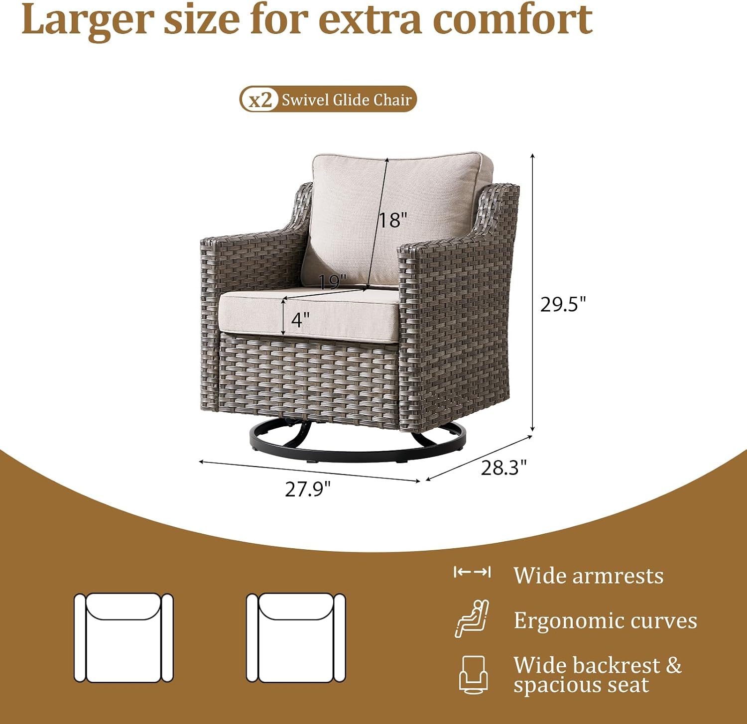Luxury Patio Furniture Chairs Set - 2 Pieces All Weather Wicker Outdoor Couch and High Back Swivel Rocker Patio Chairs for Deck Yard and Poolside Gray Wicker | Beige Cushions