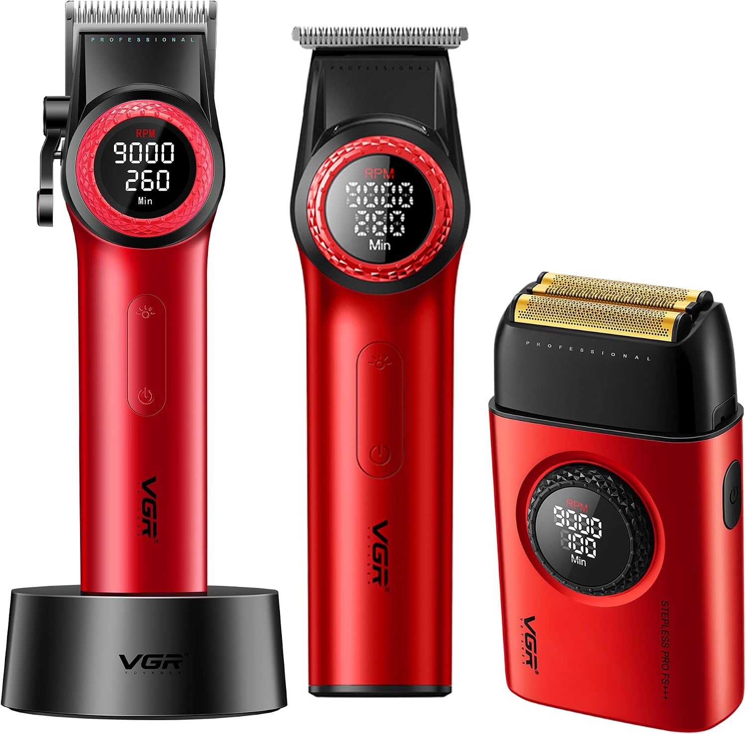VGR Professional Hair Clippers for Men, T-Blade Trimmer Zero Gapped Cordless Barber Clippers, Triple Floating Blade Foil Shaver Men's Electric Razor, 3 Piece Men's Grooming Kit with LED Display