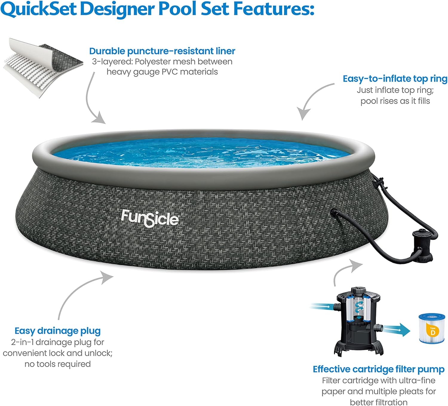 Funsicle 15' x 36' QuickSet Round Inflatable Ring Top Outdoor Above Ground Swimming Pool Set with Pump and Cartridge Filter, Dark Herringbone