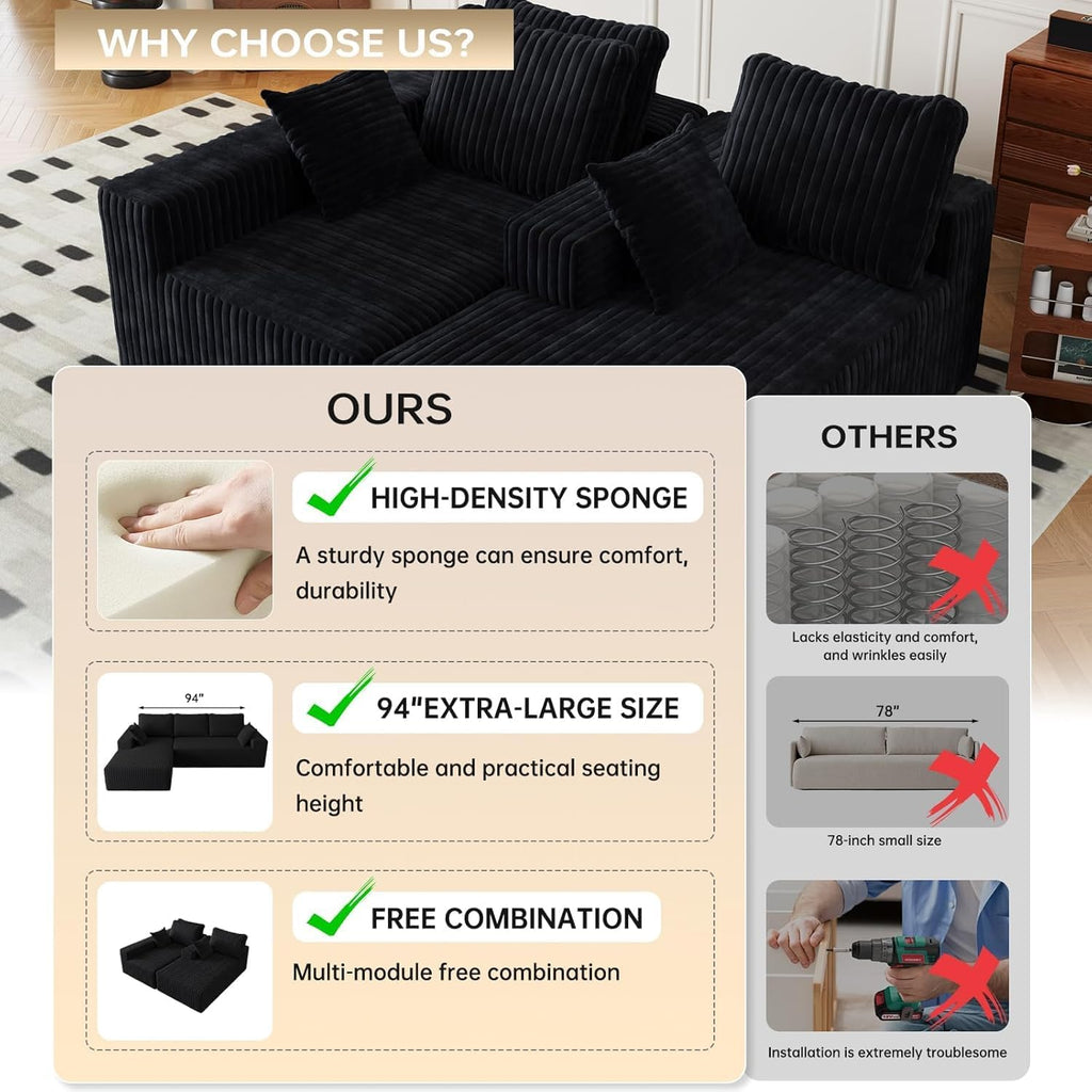 96' Modular Sectional Cloud Couch for Living Room Deep Seat L Shapes Boneless Couch with Oversized Chaise Lounge, Comfy Memory Foam Flannel Fabric Sofa for Bedroom Apartment, No Assembly Required