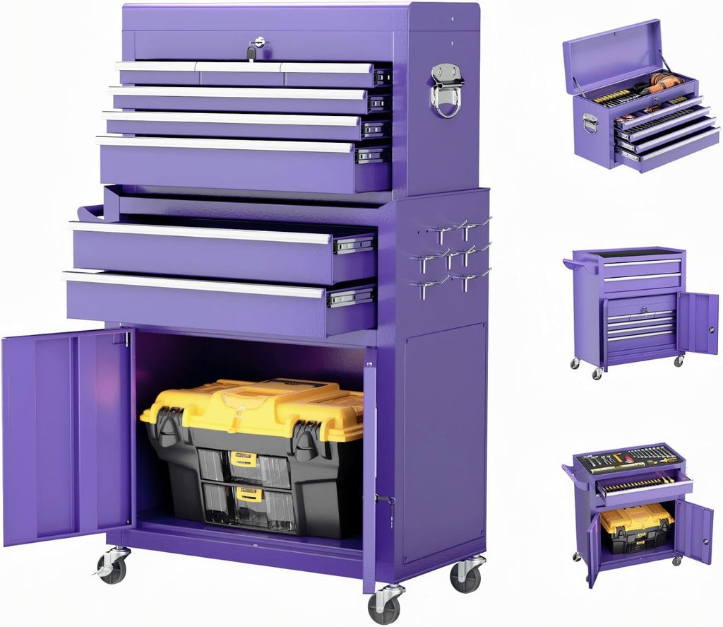 Crownland 8-Drawer Rolling Tool Chest with Wheels, Lockable 2 in 1 Detachable Tool Cabinet wit Drawers and Side Hooks, Garage Top Toolbox & Bottom Storage Cart(Purple)