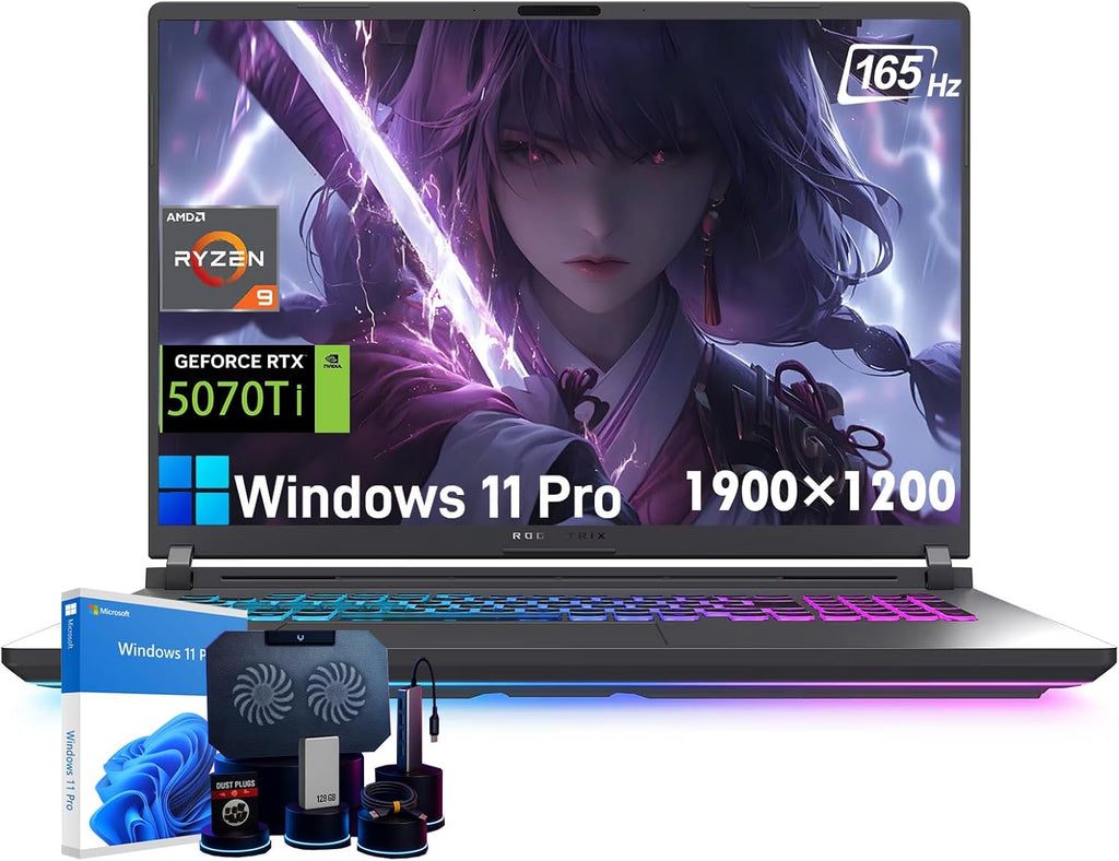 ASUS ROG Strix G16 Gaming Laptop - NVIDIA GeForce RTX 5070 Ti, 16' 165Hz WUXGA Display, AMD Ryzen 9 8940HX (Up to 5.3 GHz), WiFi 6E, RGB Backlit KB, Win11 Pro, 32GB DDR5 RAM, 1TB SSD, w/Accessories