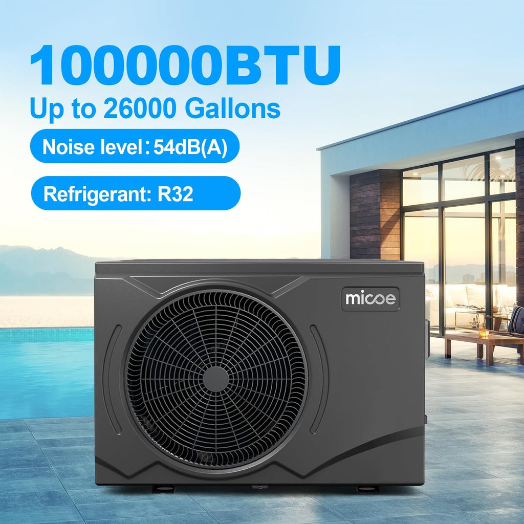 MICOE 100,000 BTU Smart Swimming Pool Heat Pump, Electric Pool Heater for 26,000 Gallons Above Ground & Inground Pools, App-Controlled Heating & Cooling, 220–240V