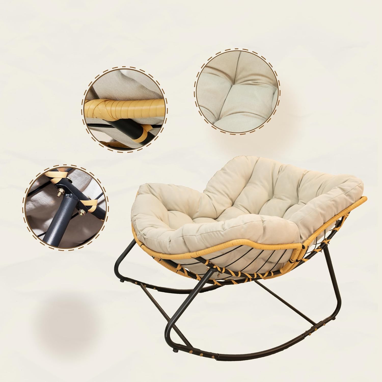 Outdoor Rocking Chair, Patio Egg Rocking Chair, Indoor Papasan Chair, Rattan Wicker Lounge Chair, Modern Royal Chair for Bedroom, Living Room, Porch, Garden,Lawn (41.3' Beige)