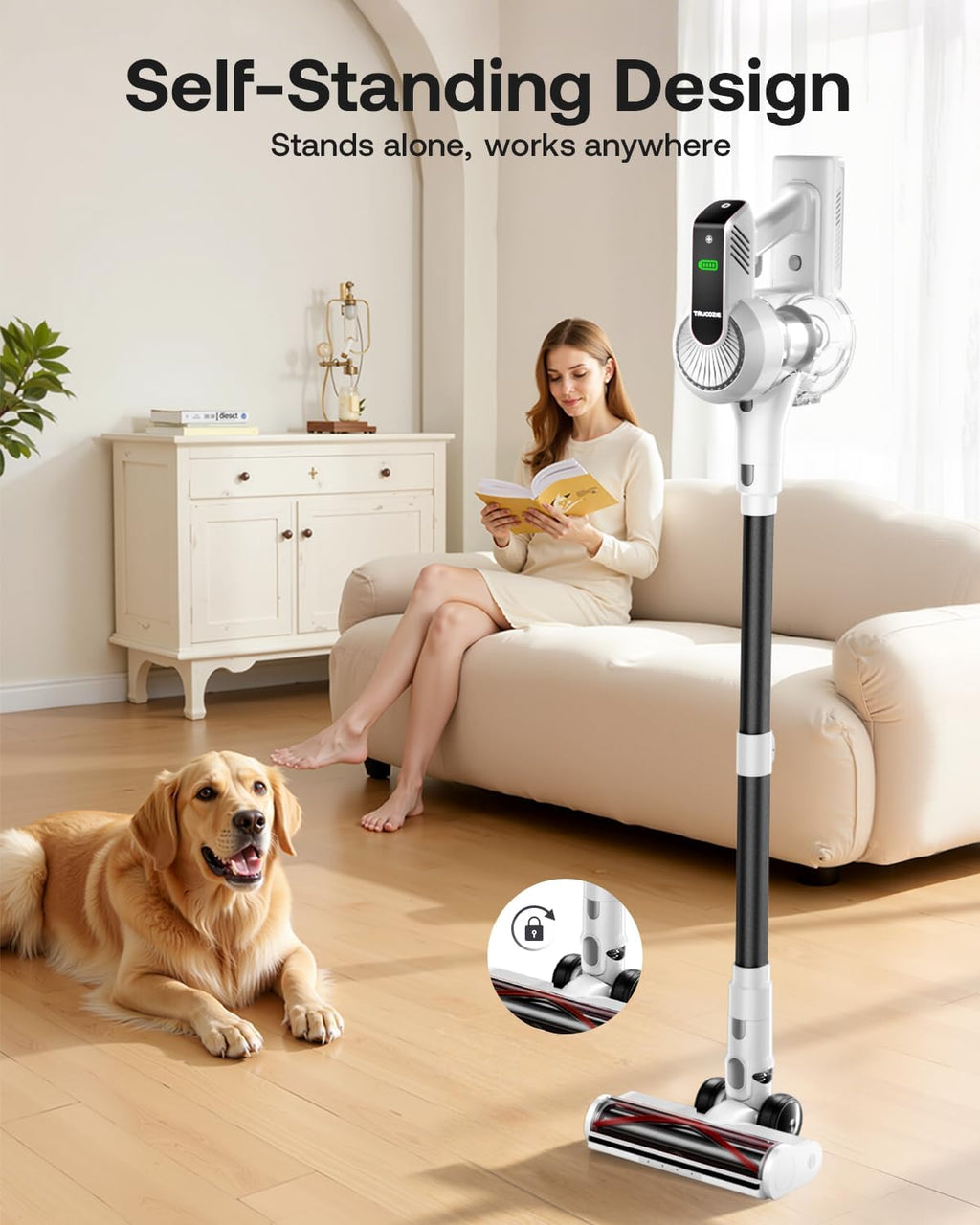 Cordless Vacuum Cleaner, Self-Standing 40Kpa 45Mins Vacuum Cleaners for Home, 8-in-1 Lightweight Stick Vacuum with Anti-tangle Wireless Vacuum for Carpet, Tile, Pet Hair, Hardwood Floors, White
